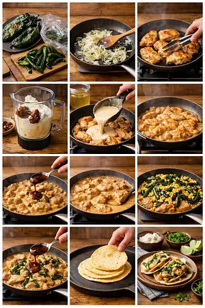 Tacos cremositos de pollo con rajas, elote y chipotle - guia visual del proceso