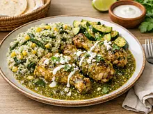 Muslos Campesinos en Salsa Verde Tatemada con Arroz Poblano