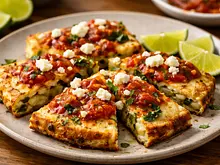 Tortilla de papa con rajas poblanas y elote, con salsa tatemada