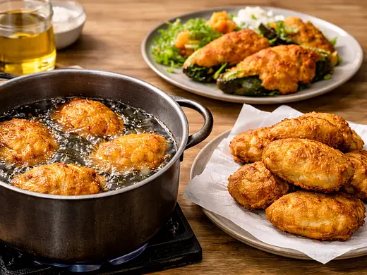 Buñuelos crujientes de atún con rajas de poblano