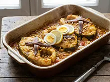 Mero al horno con salsa de almendras y piñones