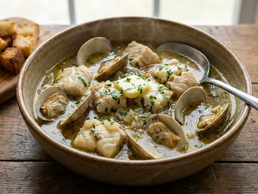 Caldereta de Pescado y Almejas al Vino Blanco