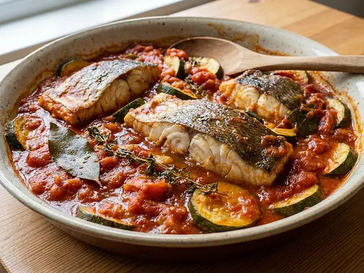 Congrio al horno con jitomate y calabacines