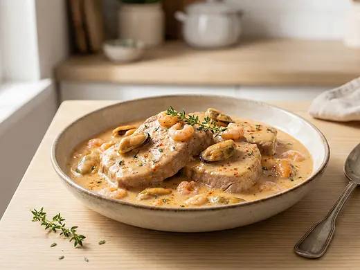 Atún con salsa de camarones y mejillones