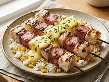 Brochetas de pescado y jamón a la parrilla