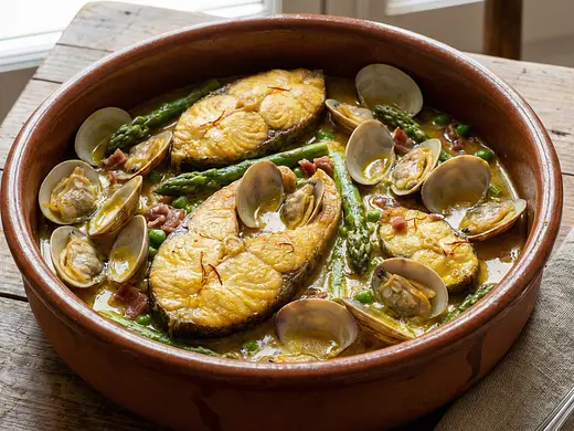 Róbalo a la cazuela con almejas y espárragos