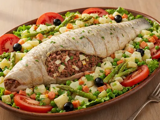 Robalo relleno con ensaladilla de papas