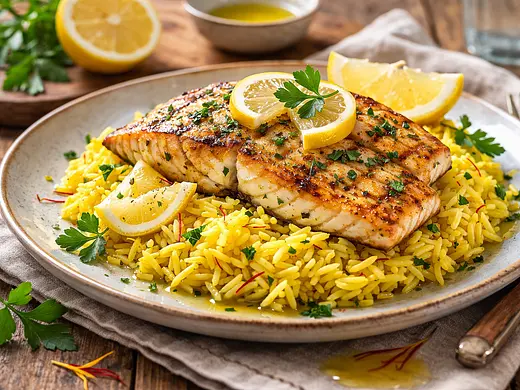 Pescado a la plancha con arroz al azafrán