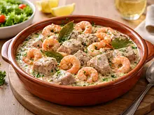 Camarones y Atún en Salsa Blanca con Vino y Laurel