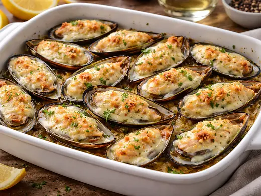 Mejillones gratinados con bechamel