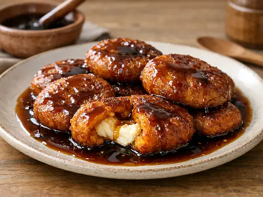 Tortitas de camote rellenas de queso con miel de piloncillo