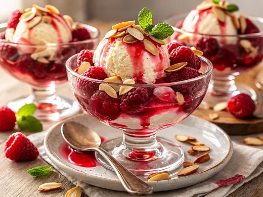 Copa Melba con Frambuesas y Almendras