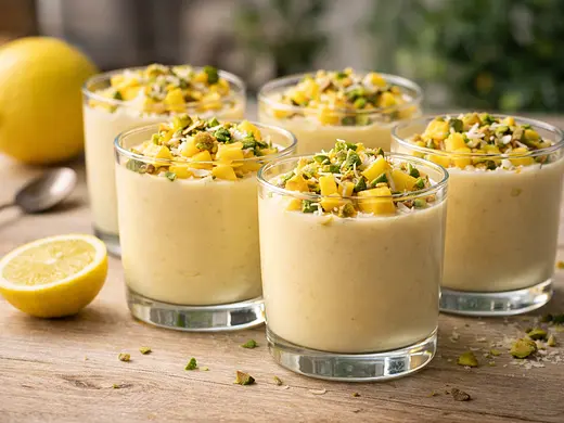 Vasitos de gelatina cremosa de mango y coco con limón y pistache